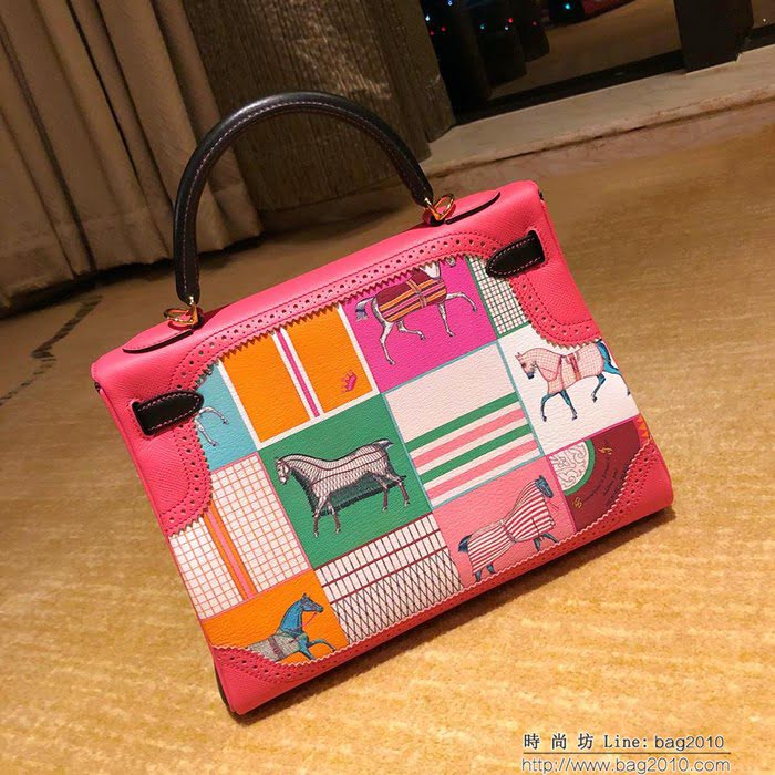HERMES愛馬仕 凱莉包 kelly 32cm 拼接印花圖案 時尚手提包  Ama1405